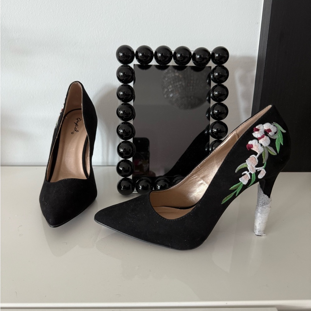 Qupid Black Heels with Floral Embroidery and Silver Heel